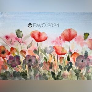 Original Signed Floral Poppy Field Watercolor Painting